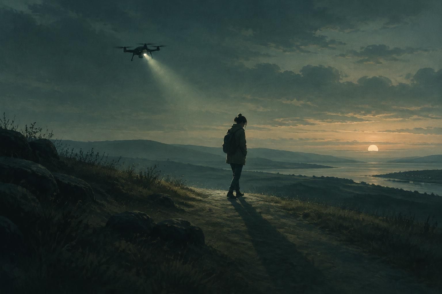A lone person walking at dusk with a drone quietly following overhead, suggesting watchfulness and emotional tension.