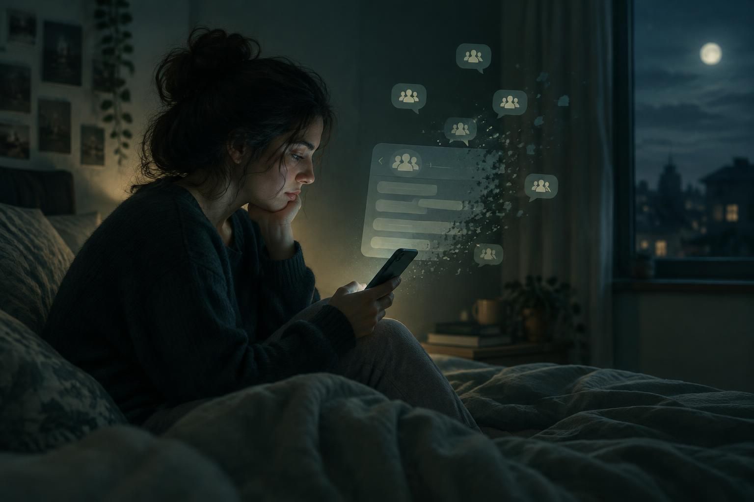 Person staring at a phone where a group chat has disappeared, with fading message bubbles suggesting uncertainty and reflection.