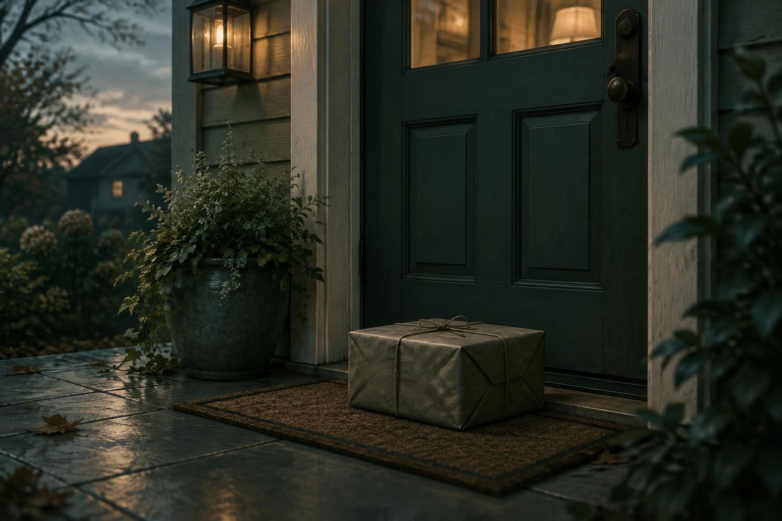 A plain package with no sender label sitting at a front door, creating a quiet sense of mystery and uncertainty.