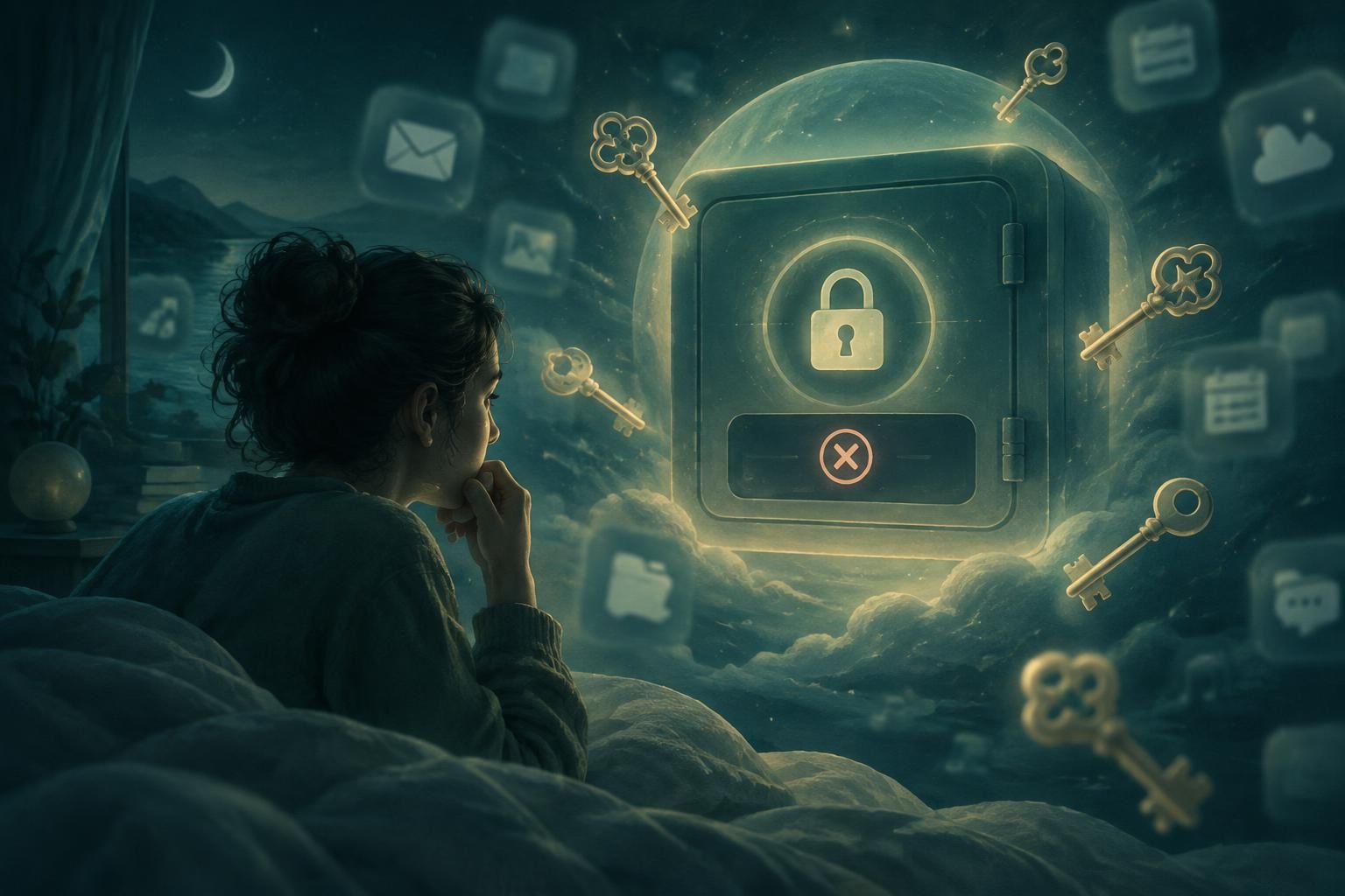 A person stands before a glowing digital vault after being locked out of a password manager, suggesting blocked access, privacy, and emotional tension.
