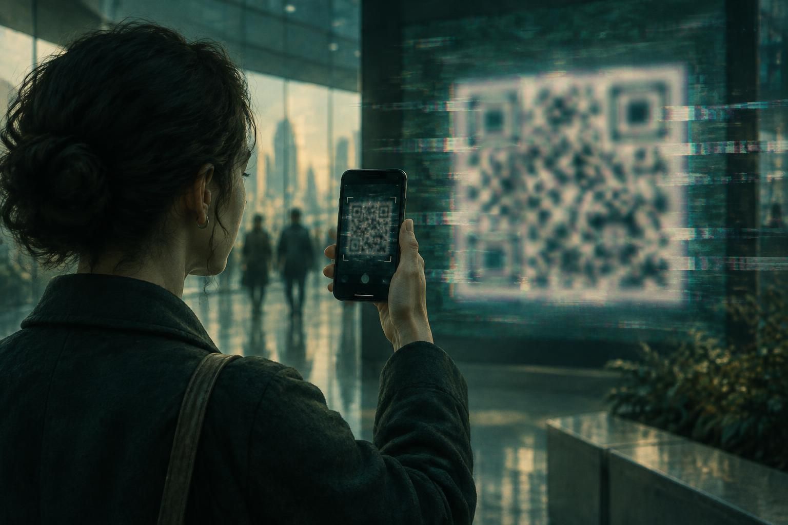 A person tries to scan a QR code with a phone, but the code stays unreadable and blurred.