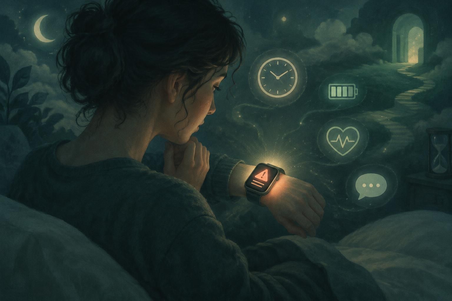 Dreamlike scene of a person checking a smart watch that is displaying a warning alert.