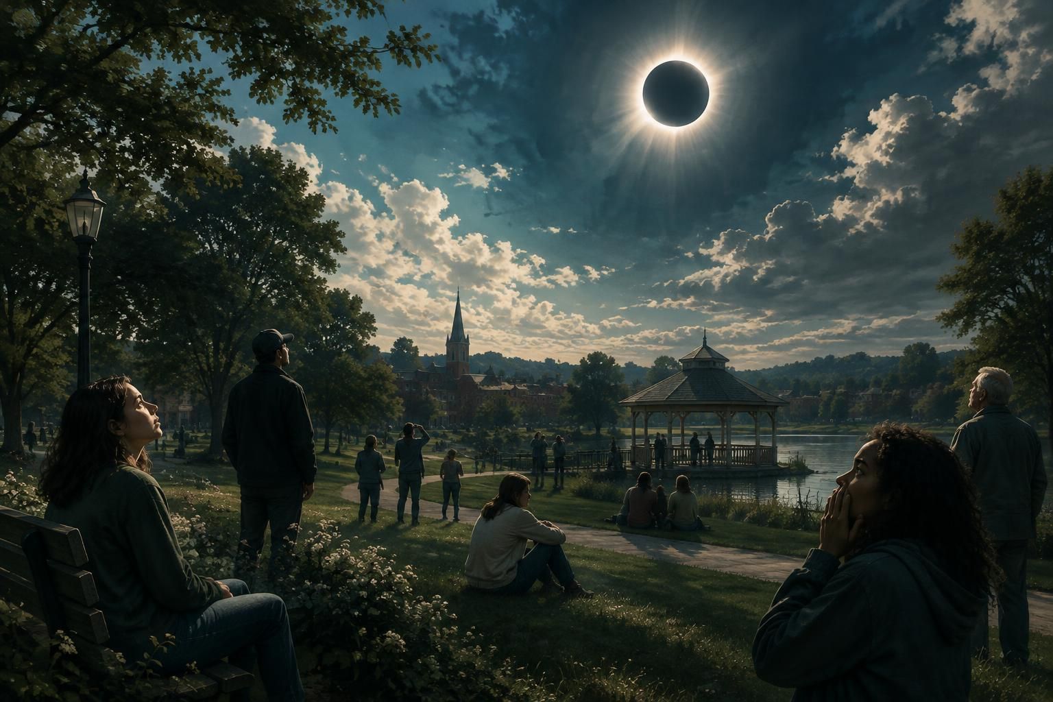 A daytime solar eclipse over a park, with people reacting in awe and unease as daylight fades into shadow.