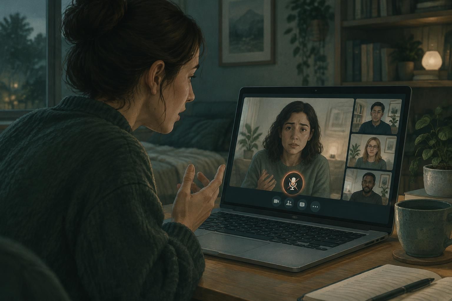 Person on a video call trying to speak while no one can hear them