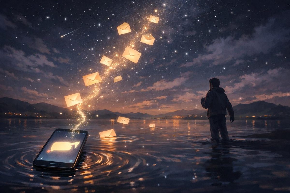 Symbolic illustration of a phone with a message accidentally sent, floating into a night sky as someone reacts in surprise