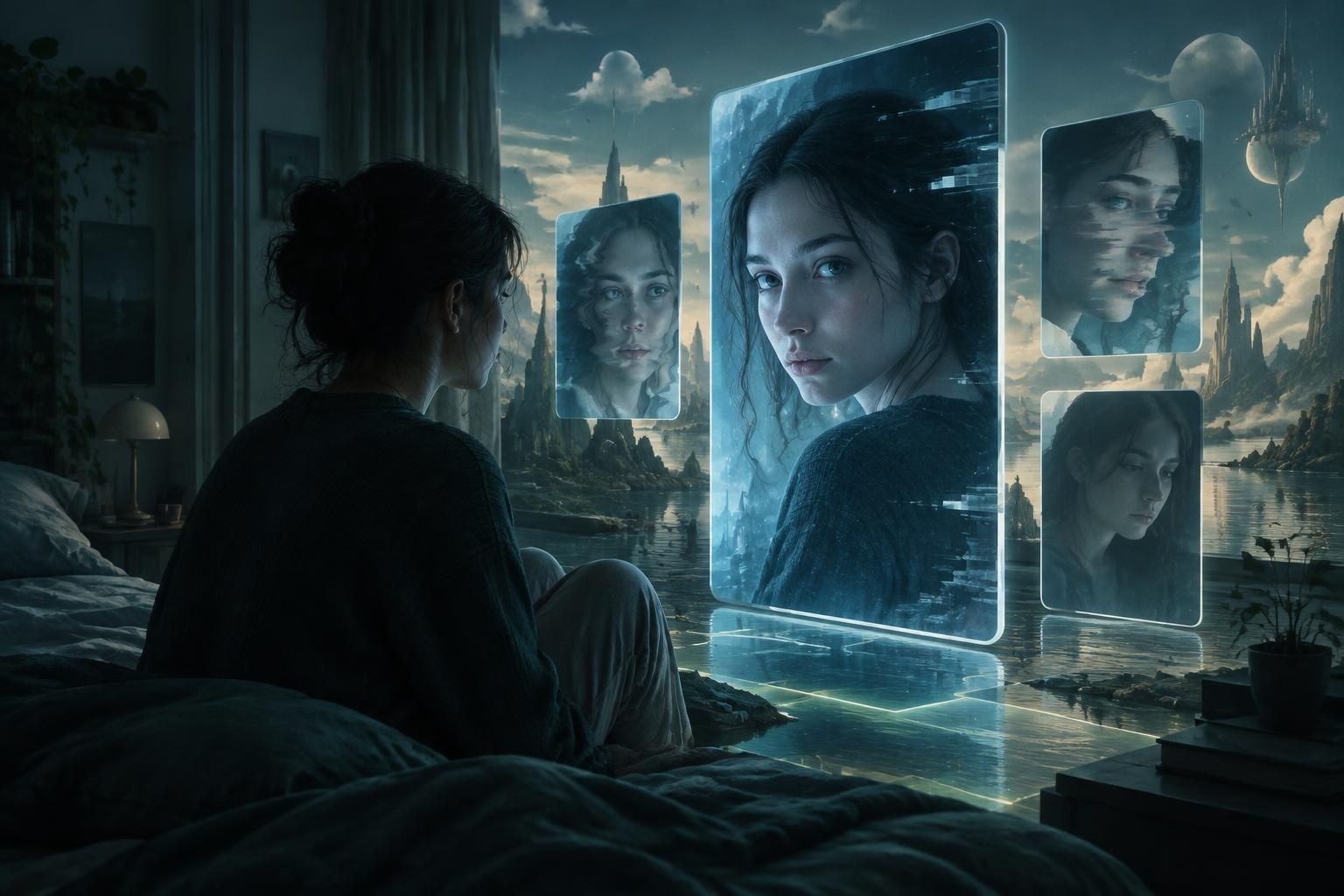 A person looks at a realistic digital copy of themselves appearing on glowing screens in a surreal dreamlike setting.