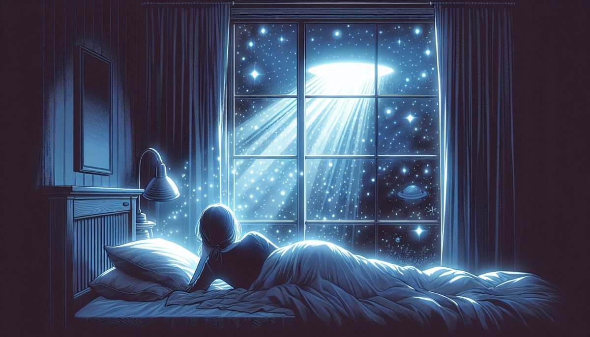 Symbolic illustration of a person in bed at night with a glowing light suggesting alien contact outside the window