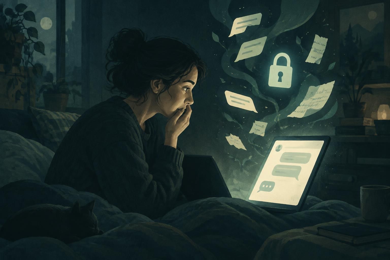 A reflective person faces a glowing AI chat screen as symbols of secrecy and private thoughts float around them.