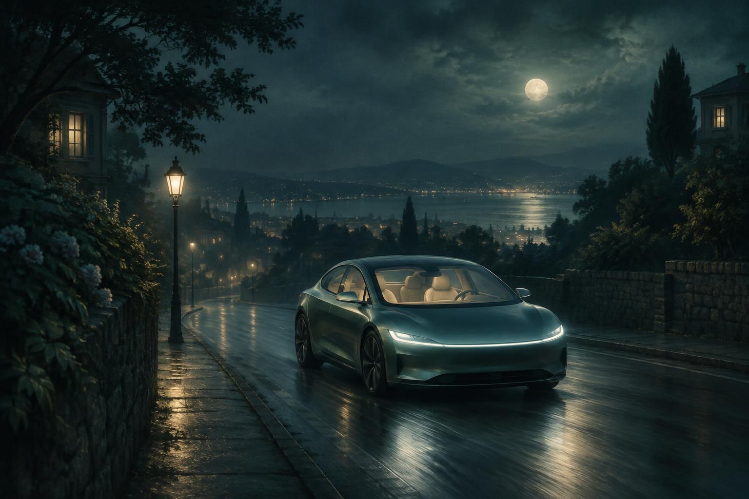 An electric car moves down a quiet street on its own in a dreamlike scene.