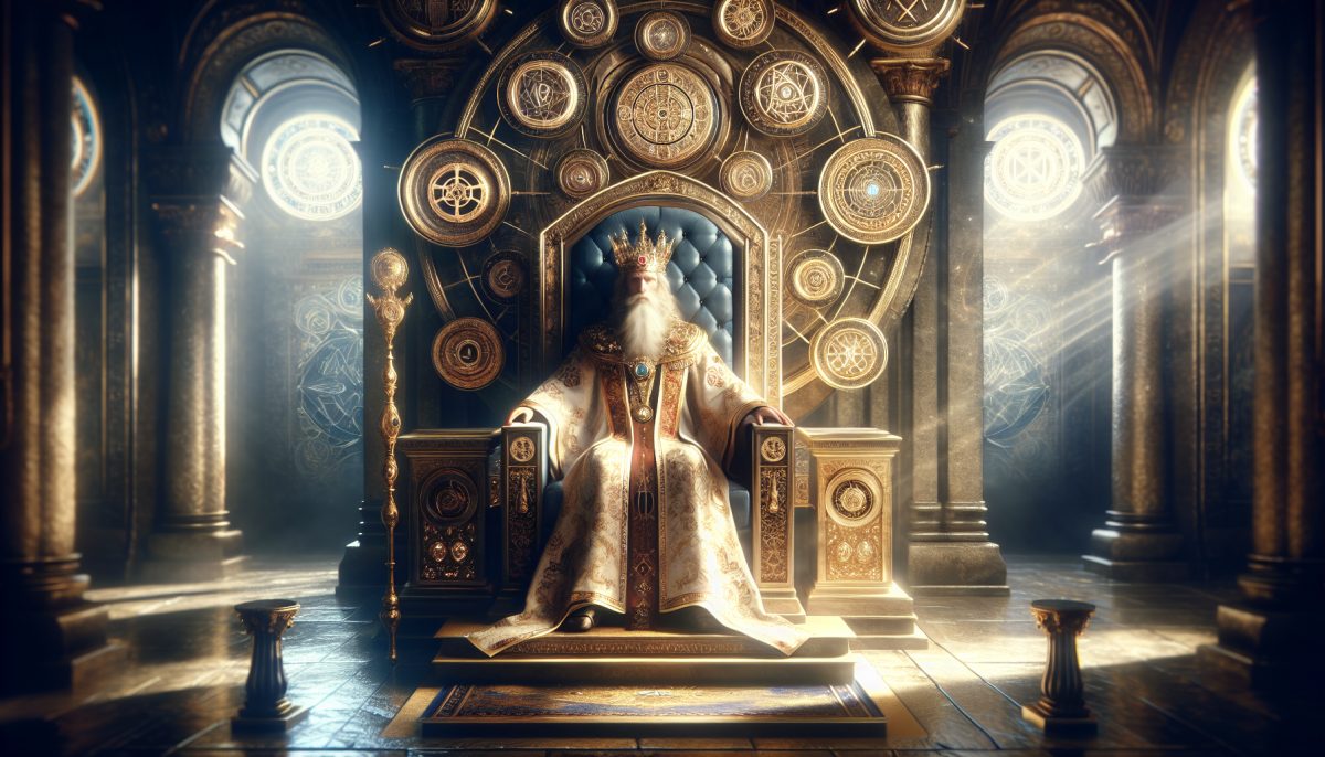 An ancient king speaking from his throne in a mystical dreamlike hall