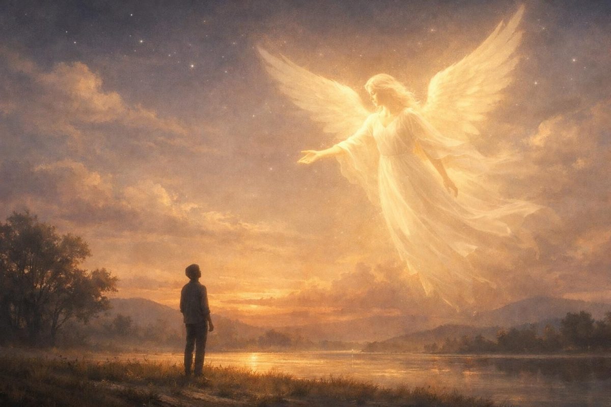 Symbolic illustration of a glowing angel calling to a person in a calm twilight landscape