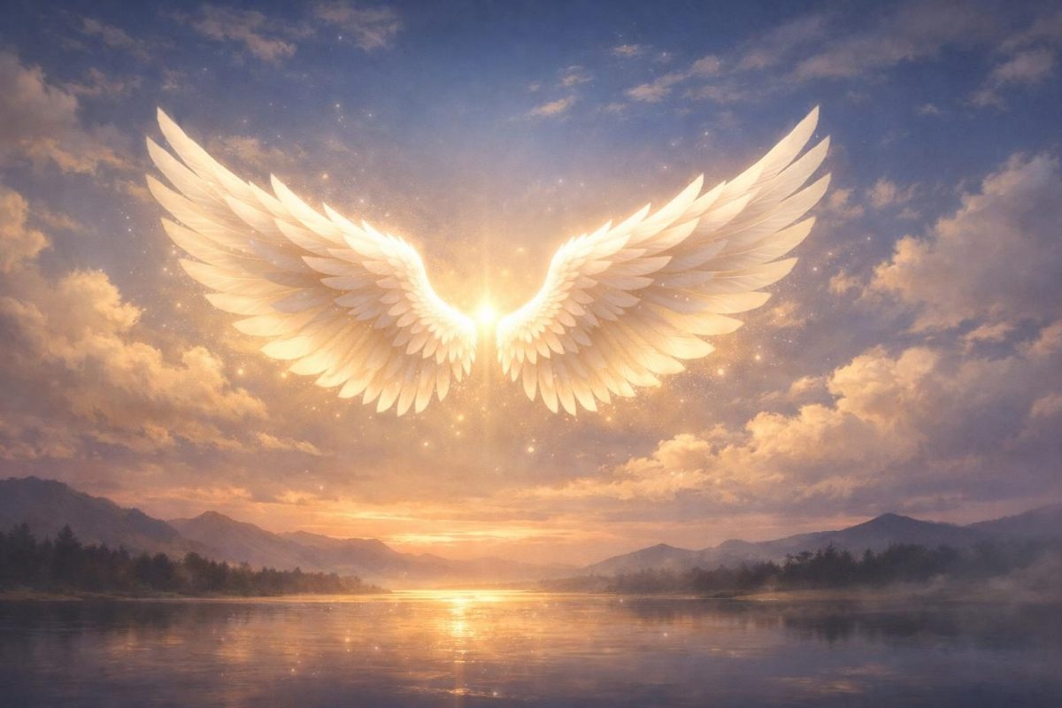 Symbolic illustration of glowing angel wings in a peaceful twilight sky above a quiet landscape