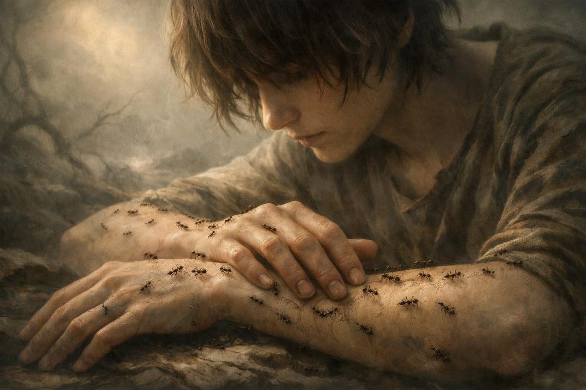 Dreamlike illustration of a person noticing ants crawling on their arms in a symbolic surreal setting.