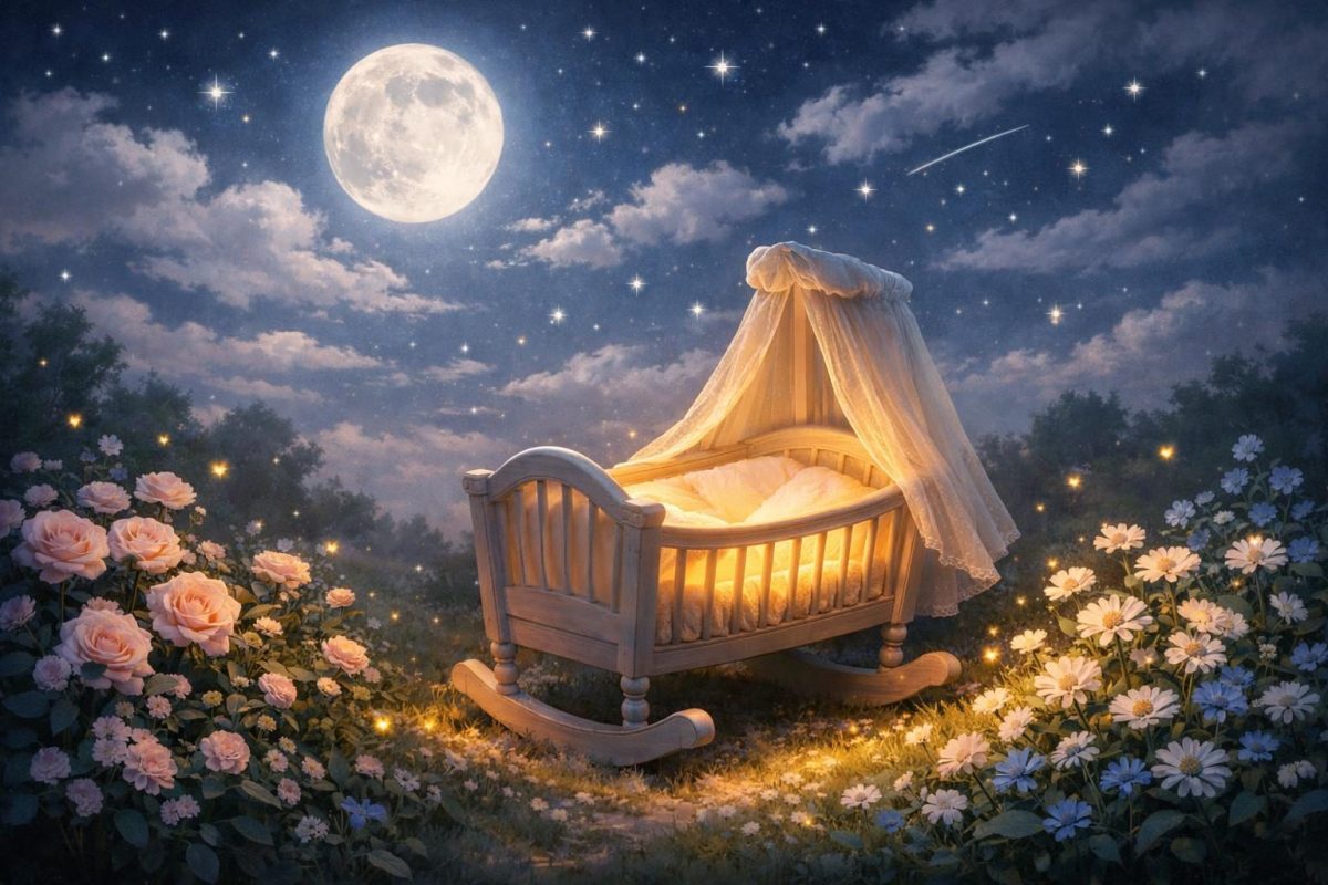 Symbolic illustration of a baby cradle under a moonlit sky with stars and flowers