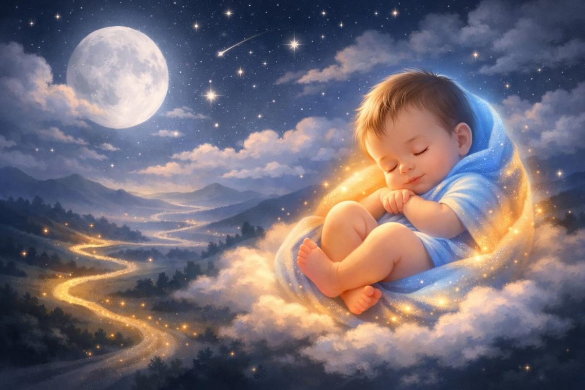 Symbolic illustration of a baby boy glowing softly in a dreamlike night scene, representing new beginnings and potential.