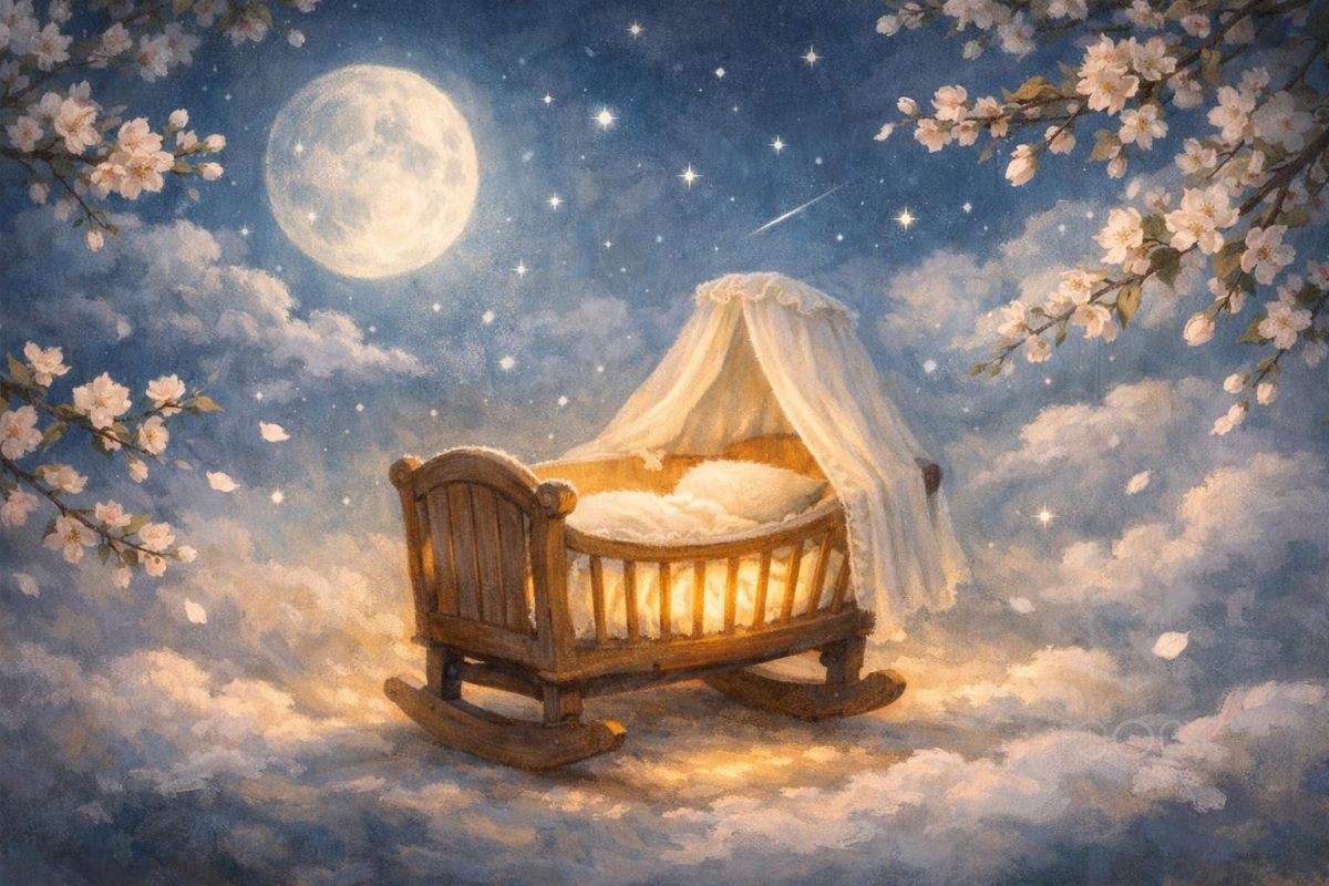 Symbolic illustration of a glowing baby cradle under a moonlit sky with stars and blooming branches