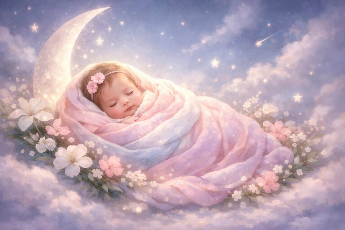 Symbolic illustration of a baby girl wrapped in soft blankets under moonlight with flowers and stars around her