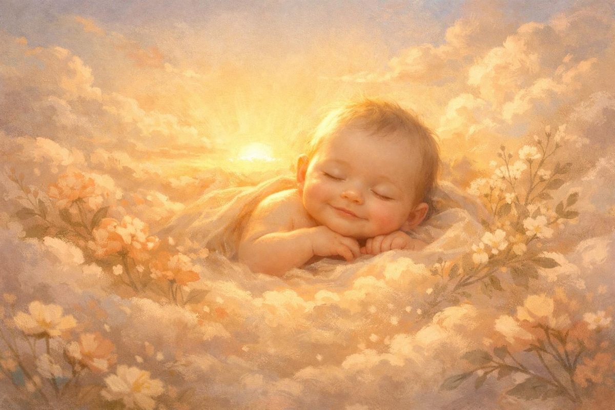 Symbolic illustration of a smiling baby in warm dawn light representing hope and new beginnings