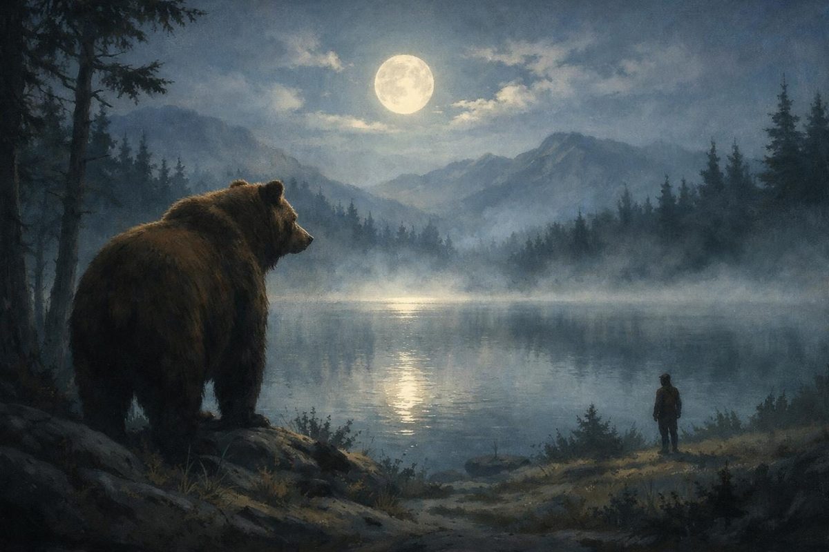 Symbolic illustration of a bear by a moonlit forest lake with mountains and mist in the background