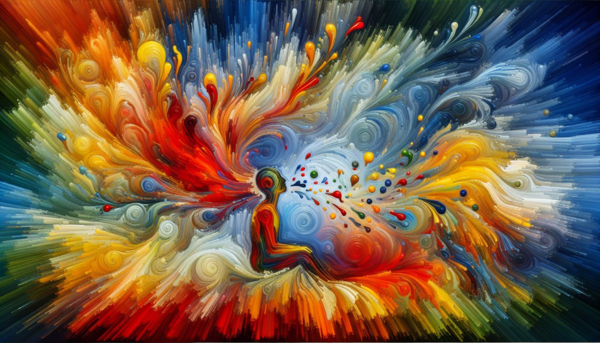 A dreamlike person blending into a colourful painted canvas, symbolising identity and self-expression