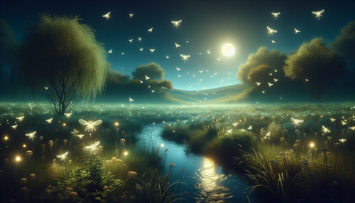 A tranquil scene with luminous bees in a soft, glowing environment.