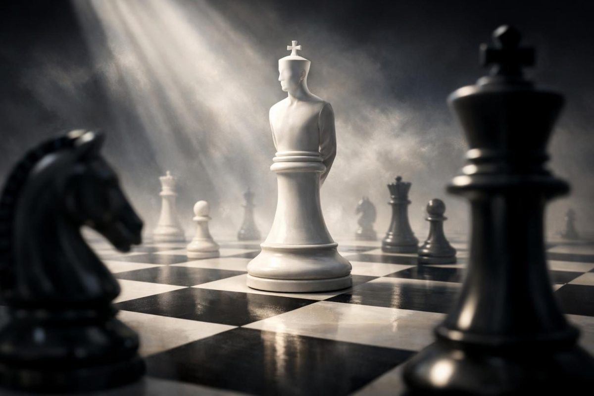 Symbolic illustration of a person as a chess piece standing on a large chessboard