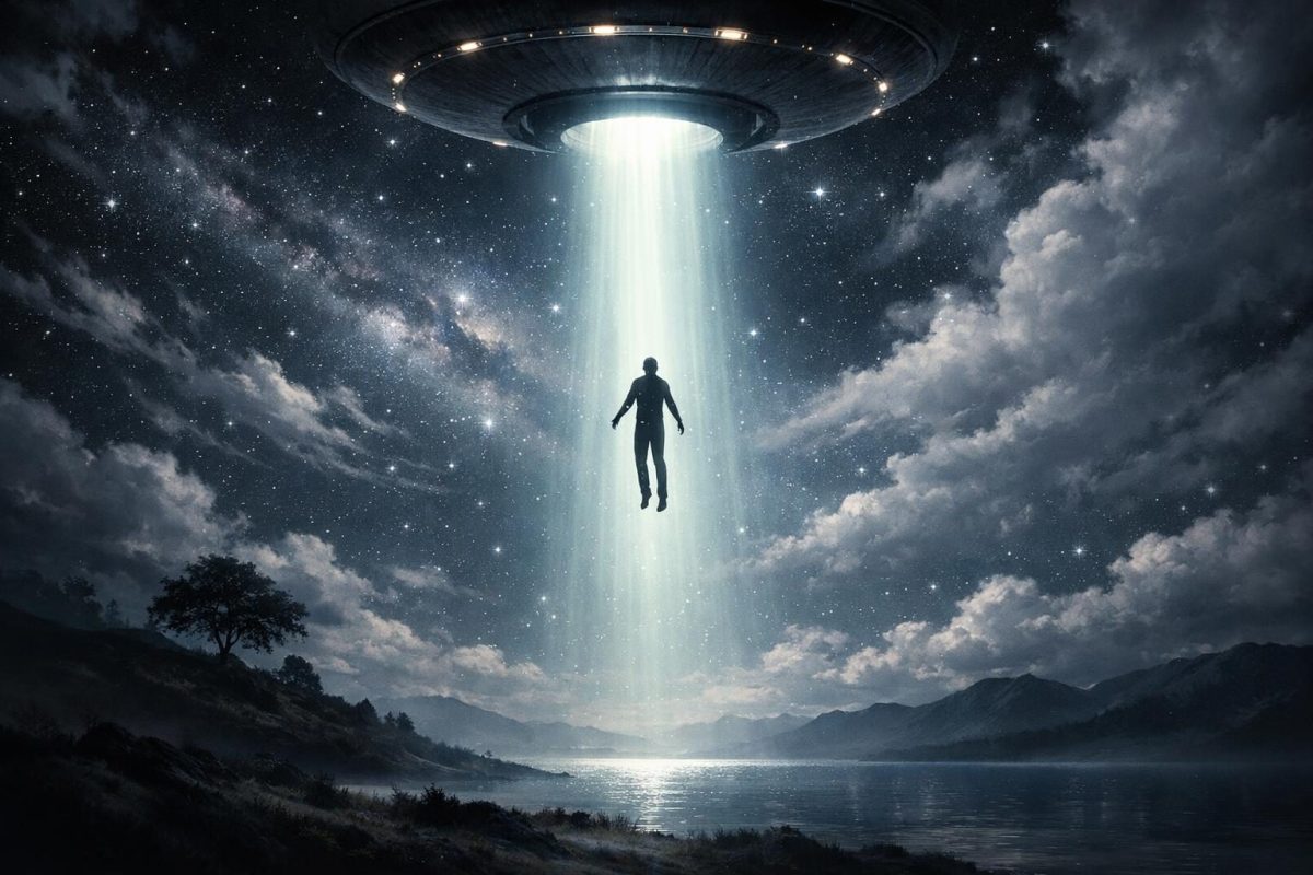 Symbolic illustration of a person being lifted into a beam of light from a spacecraft in a night sky