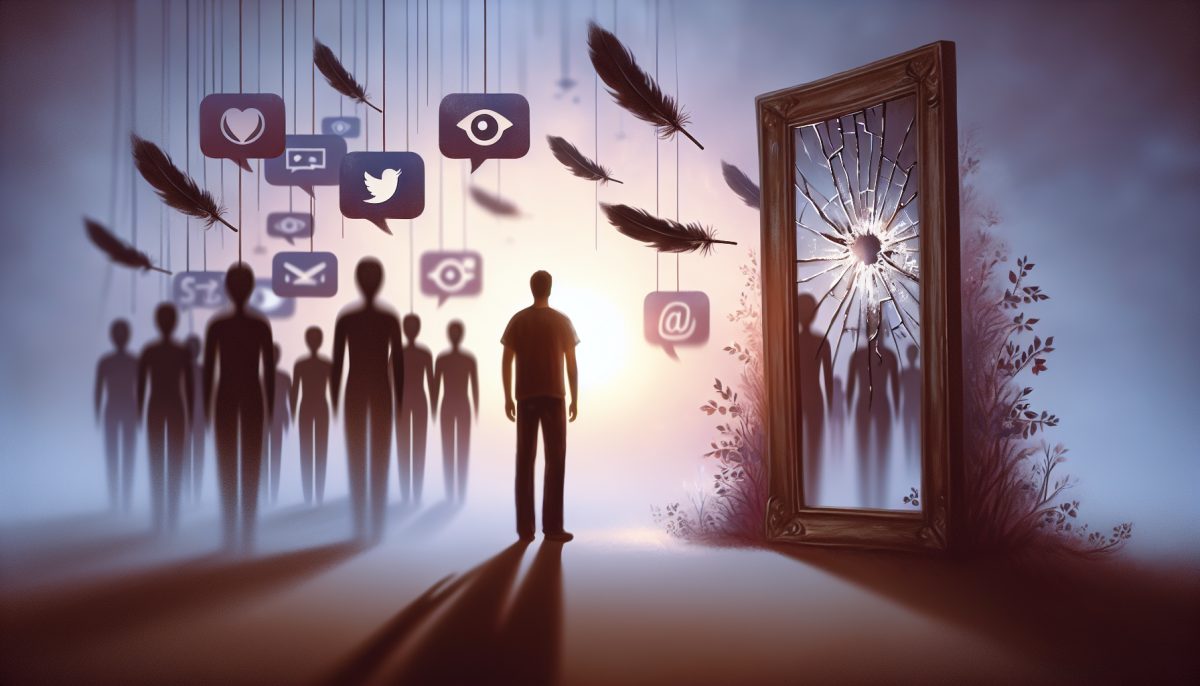 Symbolic illustration of a person feeling exposed as social media icons fade around them under watchful eyes