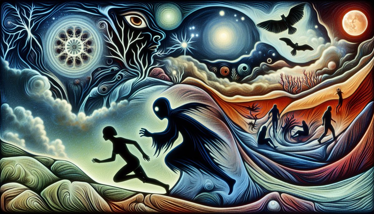A surreal illustration of a person being chased by a shadowy figure in a dreamlike environment.