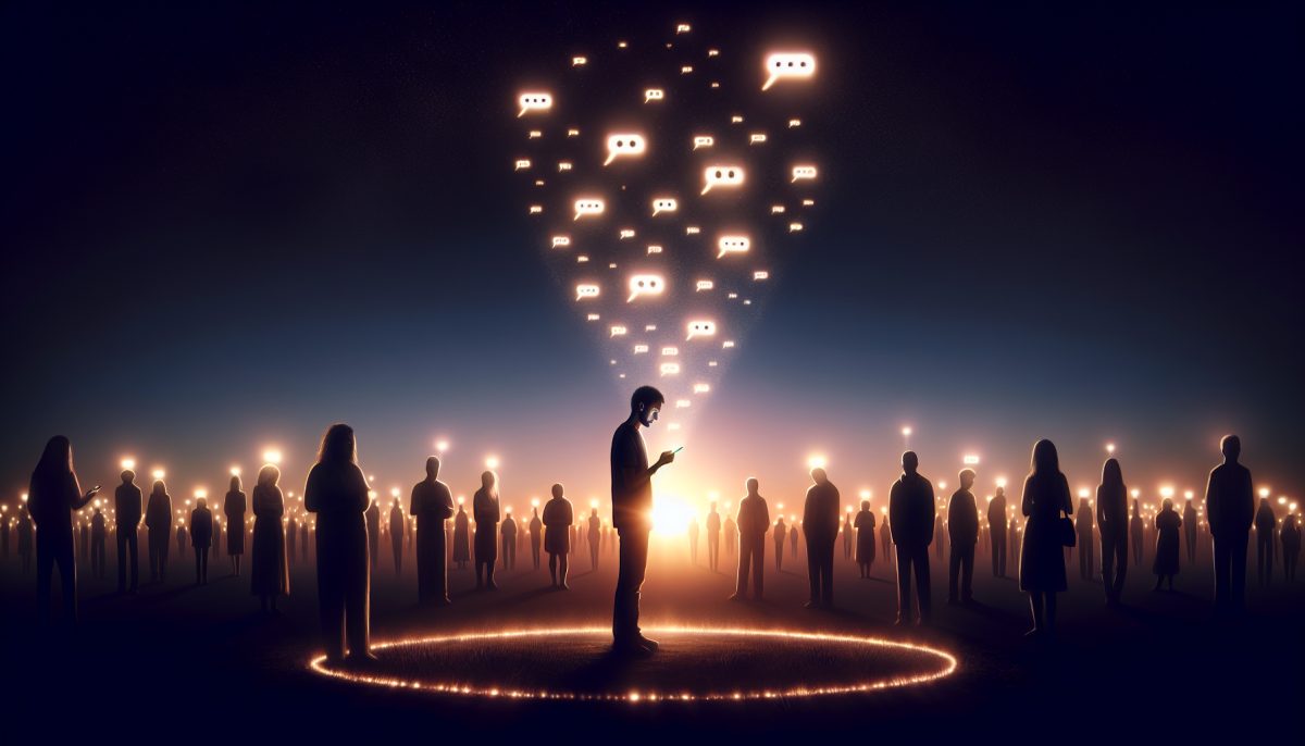 Symbolic illustration of a person looking at a phone while faded chat bubbles and distant figures suggest exclusion from a group conversation