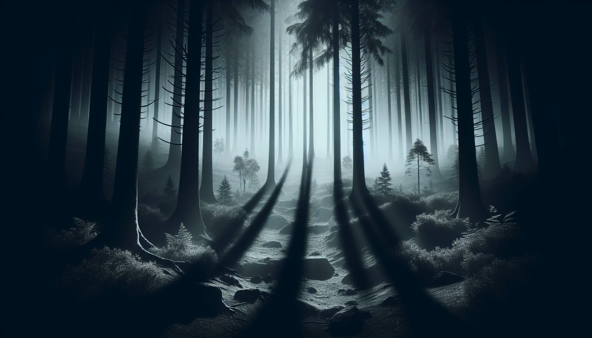 Illustration of shadows in a misty forest, symbolizing the feeling of being hunted.