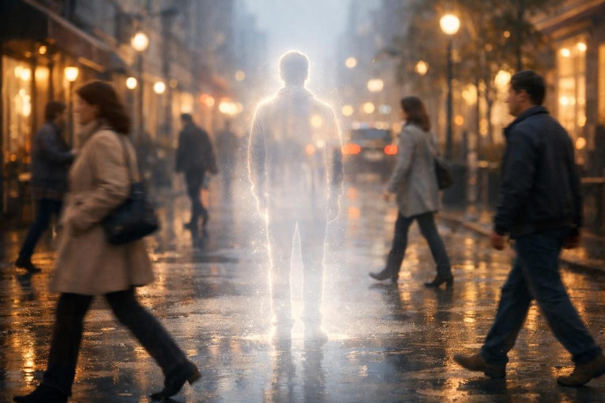 Symbolic illustration of a person becoming invisible as others walk past without noticing.