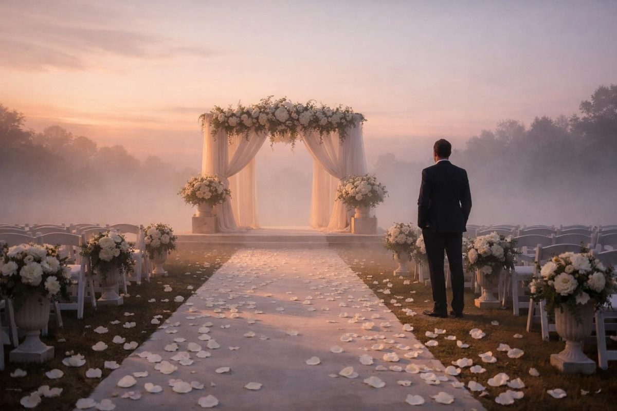 Symbolic illustration of a person standing alone at an empty wedding altar with scattered petals and soft dawn light