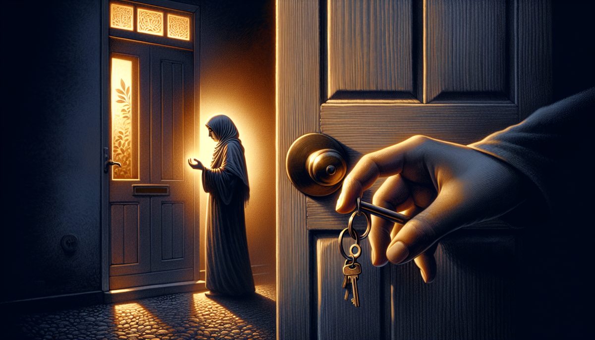 Symbolic illustration of a person locked out of their home at twilight with warm light inside