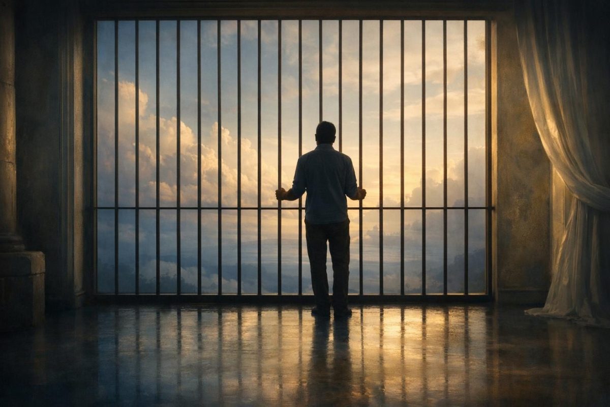 Symbolic illustration of a person behind bars in a dreamlike space with light beyond