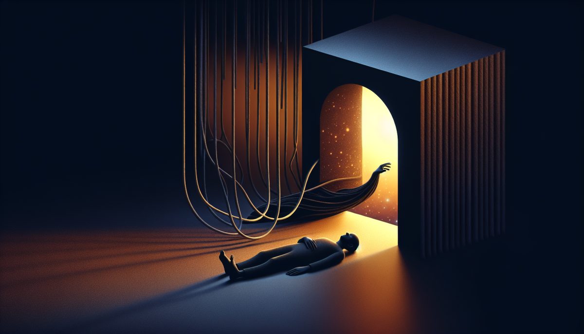 Symbolic illustration of a person unable to move in a dreamlike room with shadows and a distant glowing doorway