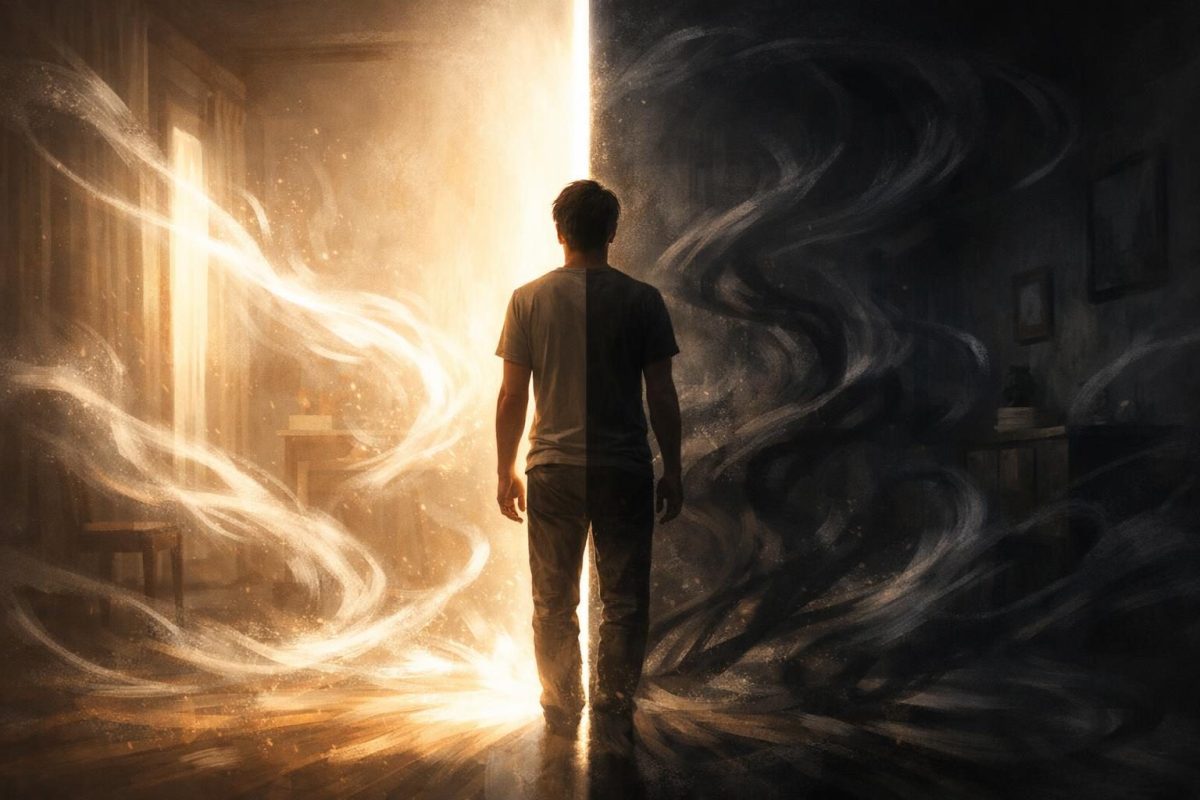 Symbolic illustration of a person surrounded by shadowy swirling energy in a dimly lit room