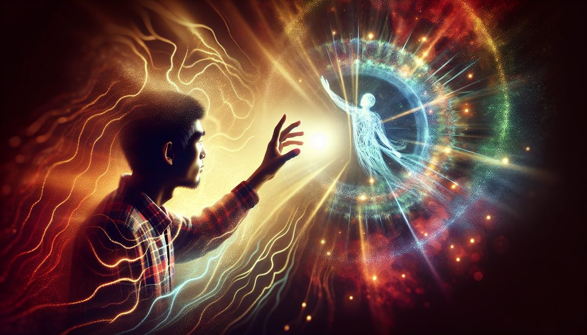 A dreamlike figure being drawn into a glowing mirror, symbolising self-reflection and transformation