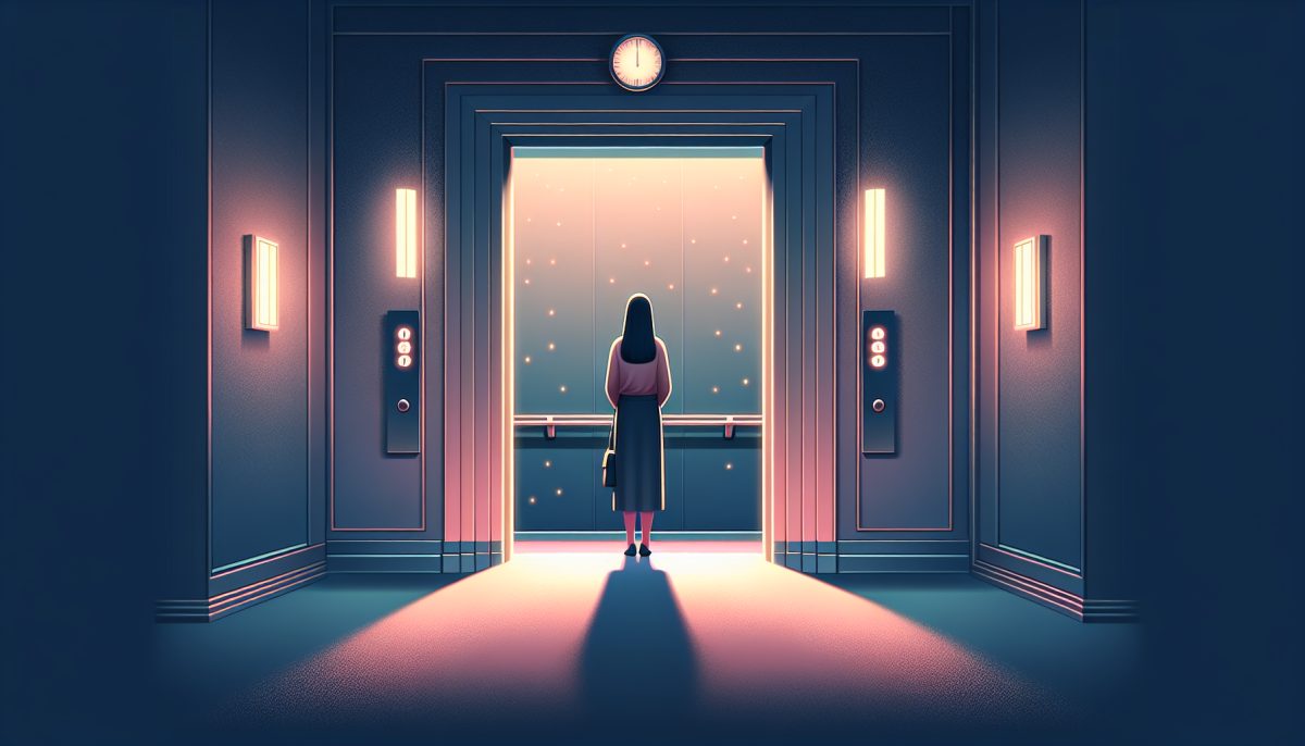 Symbolic illustration of a person stuck in an elevator between floors in a dreamlike setting