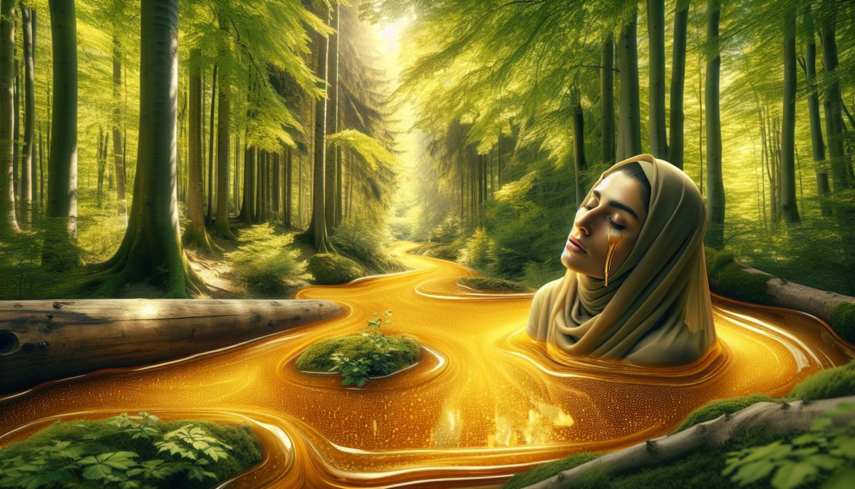 A serene scene depicting a person in honey, symbolizing entrapment and sweetness.