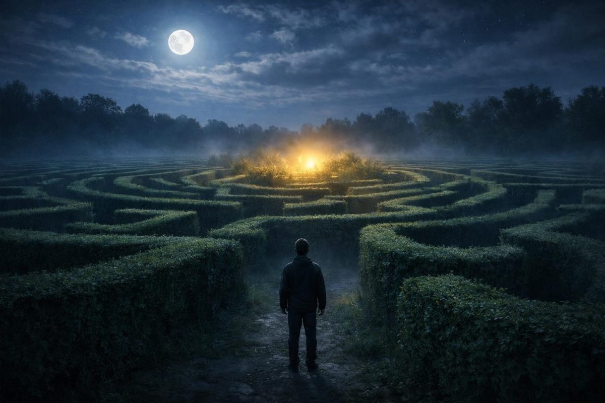 A lone figure inside a large maze at twilight, surrounded by winding paths and soft moonlight.
