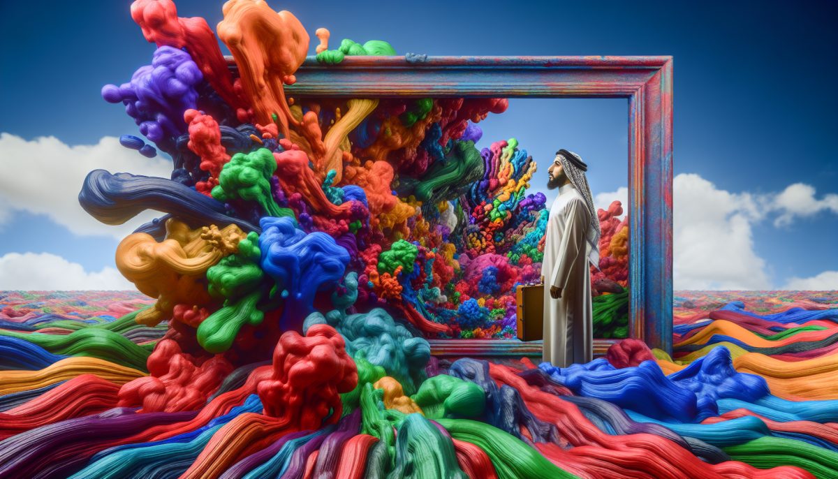 A surreal illustration of a person enclosed in a colorful painting, symbolizing entrapment and creativity.