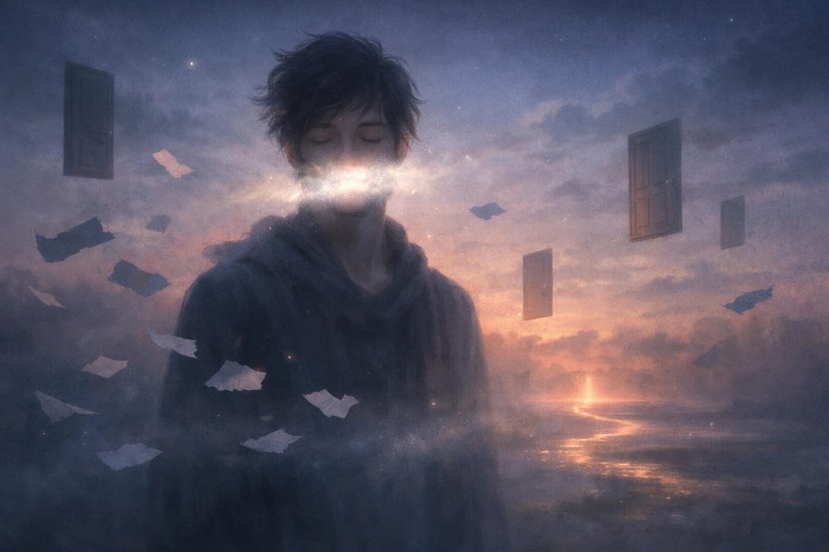 Dreamlike figure in twilight unable to speak, surrounded by mist and floating broken words