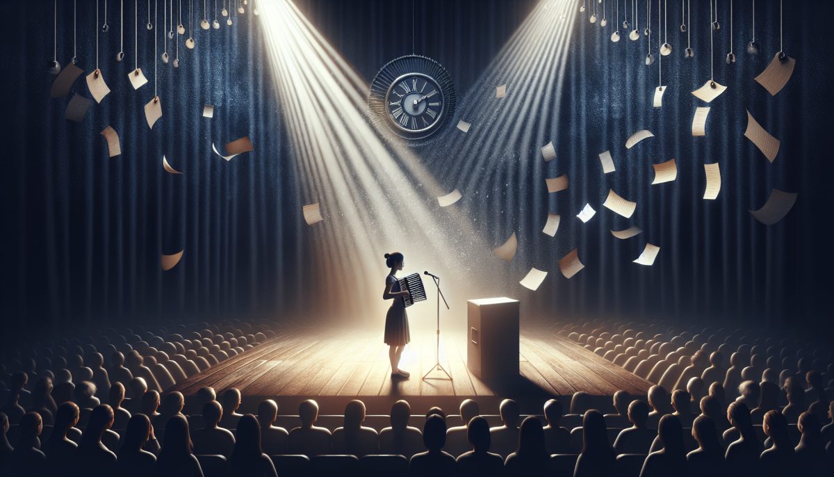 Symbolic illustration of a person on stage feeling unprepared, with blank notes and scattered papers under a spotlight