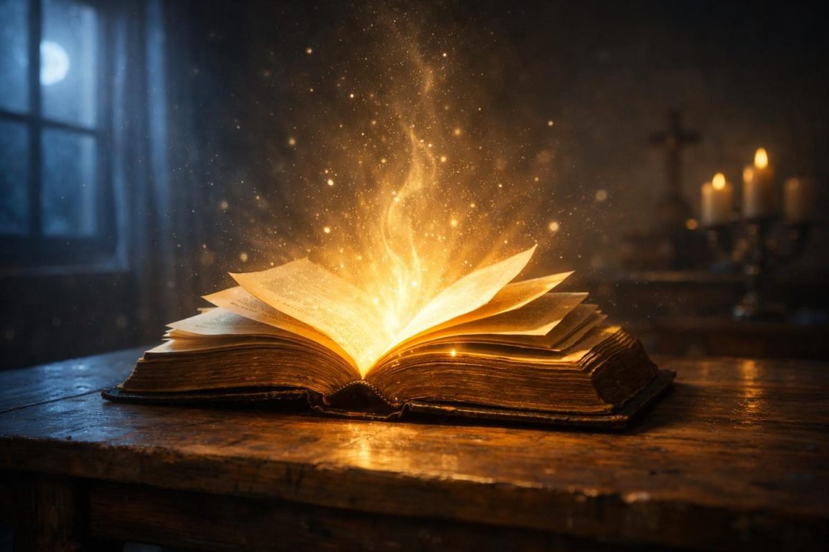 An open Bible on a table with pages turning by themselves in soft golden light