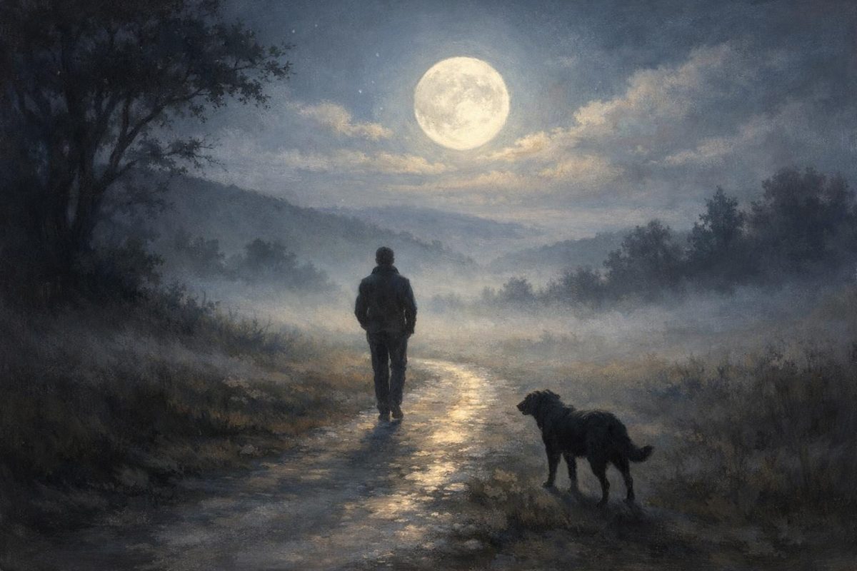 Symbolic illustration of a person walking at twilight with a black dog following behind on a quiet path