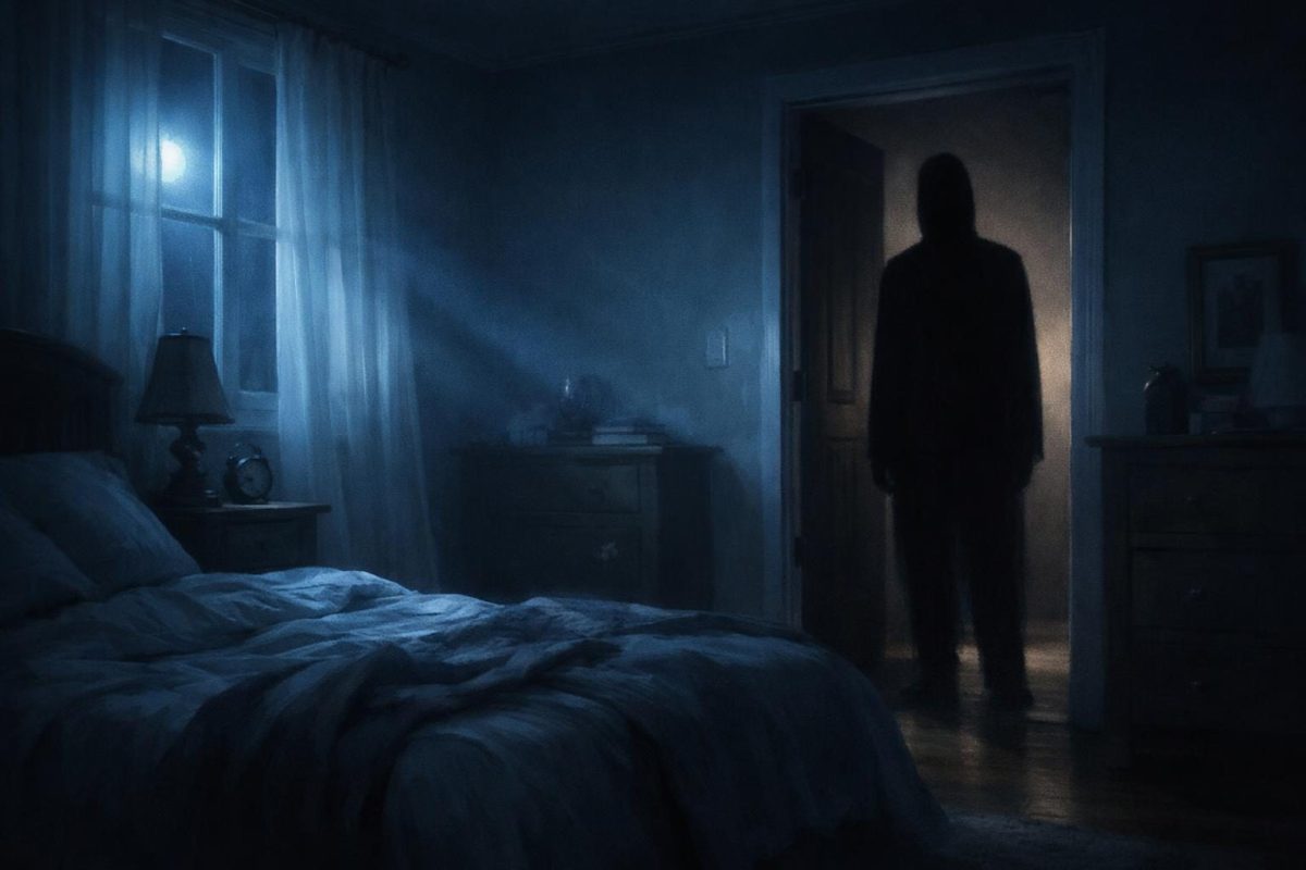 Symbolic illustration of a shadowy black figure watching from a doorway in a moonlit bedroom