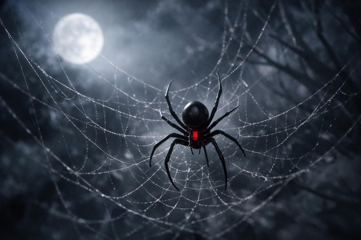 A symbolic black widow spider on a web in moonlight with a subtle red marking and dreamlike shadows.