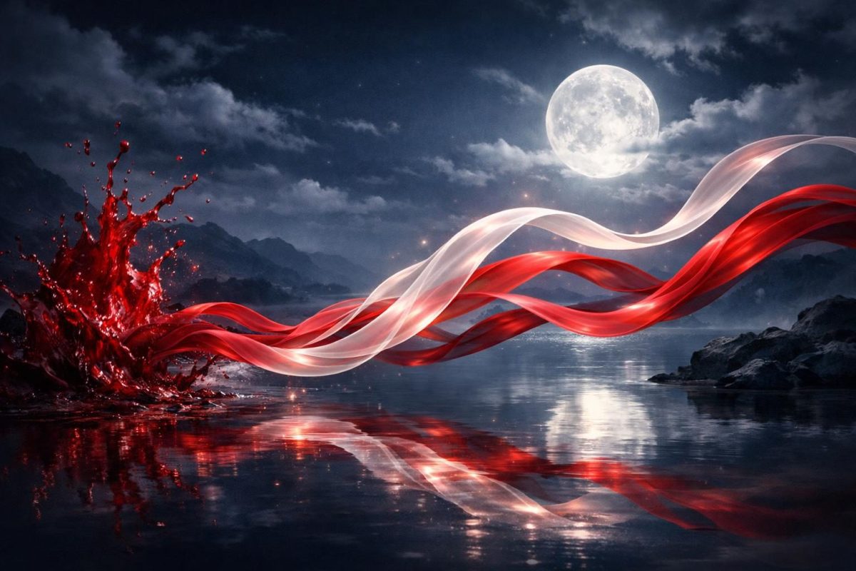 Symbolic illustration of flowing red blood-like ribbons under a moonlit dreamscape