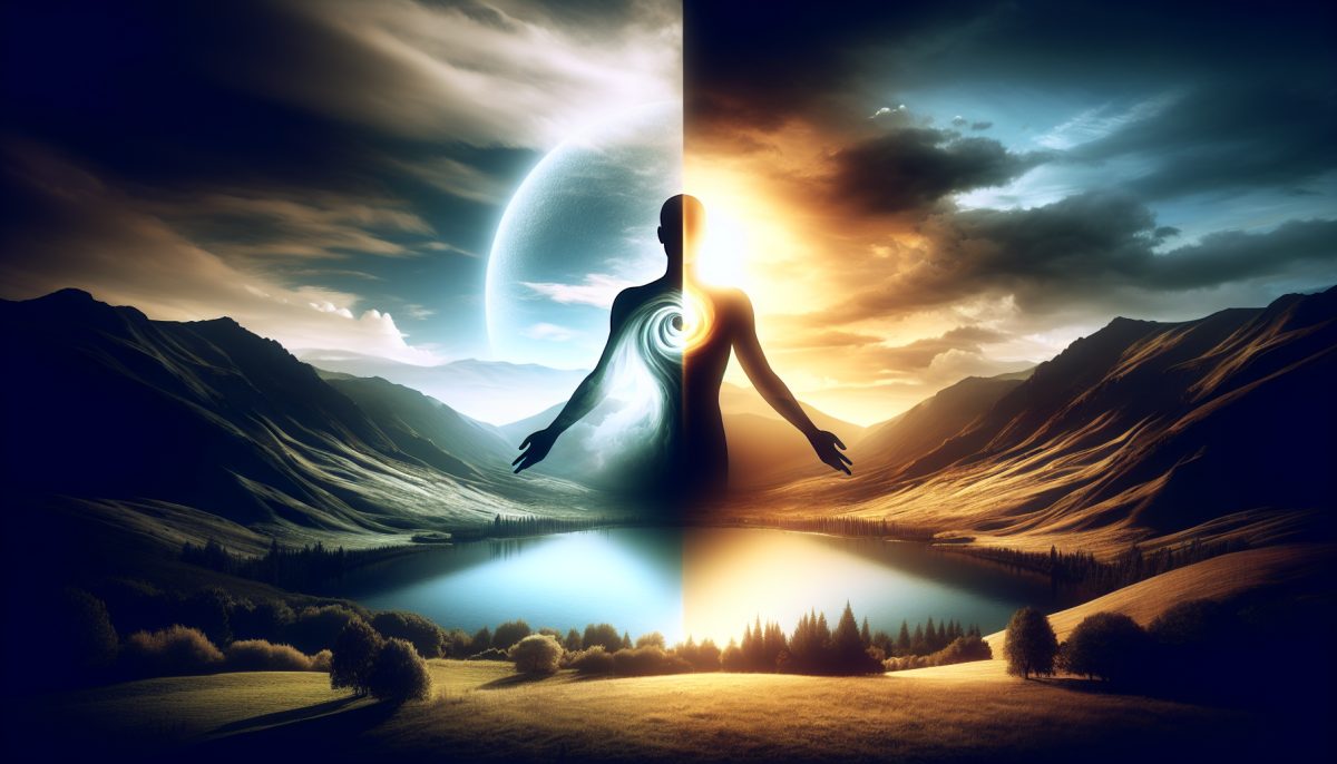 A dreamlike human figure divided into two halves, symbolising inner conflict and duality